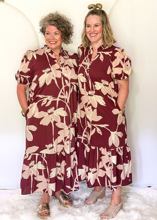 Two women wearing tiered midi dress in Burgundy abstract floral print.