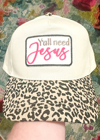 cream baseball hat with leopard bill and Y'all need jesus embroidered patch - snap closure