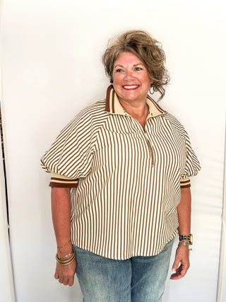 Stripe 1/4 Zip Up Top- Caramel