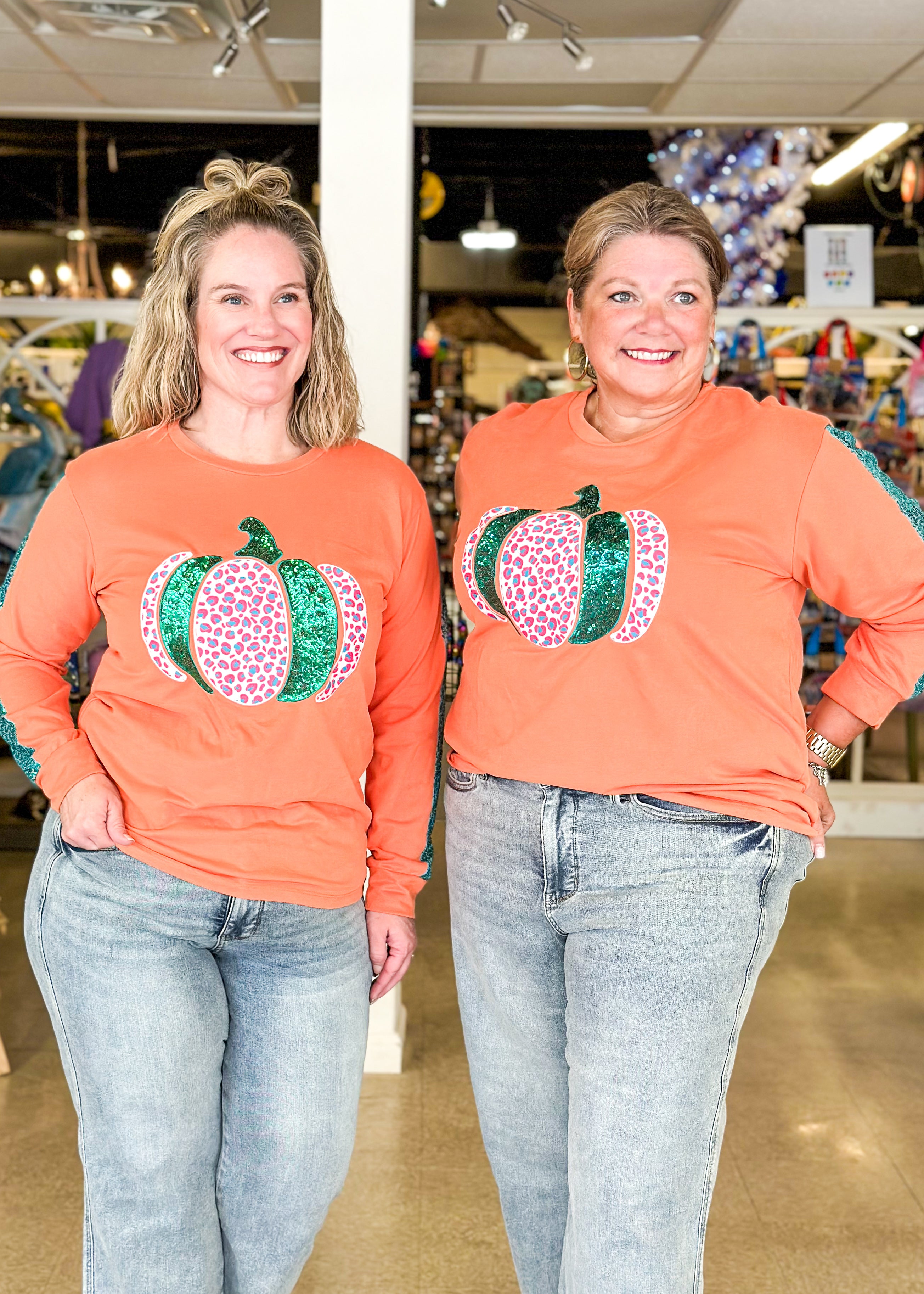 Pumpkin Sequin Long Sleeve Top