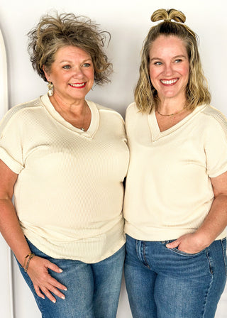 Ribbed V-neck top in cream