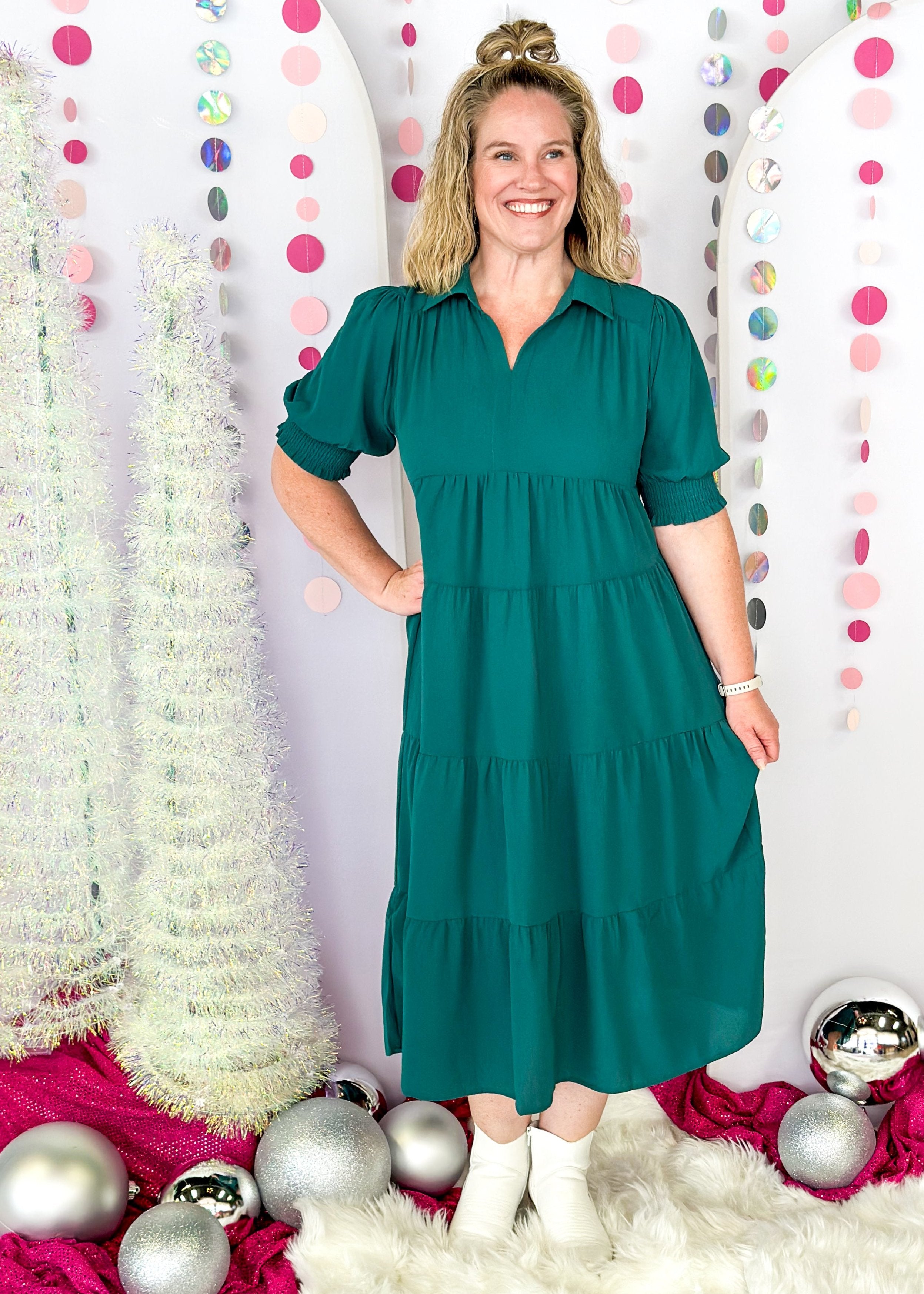 short sleeve tiered midi dress in forest green - collar and smocked arm band