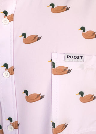 close up of Fieldstone men's button-up shirt with small mallard duck print.