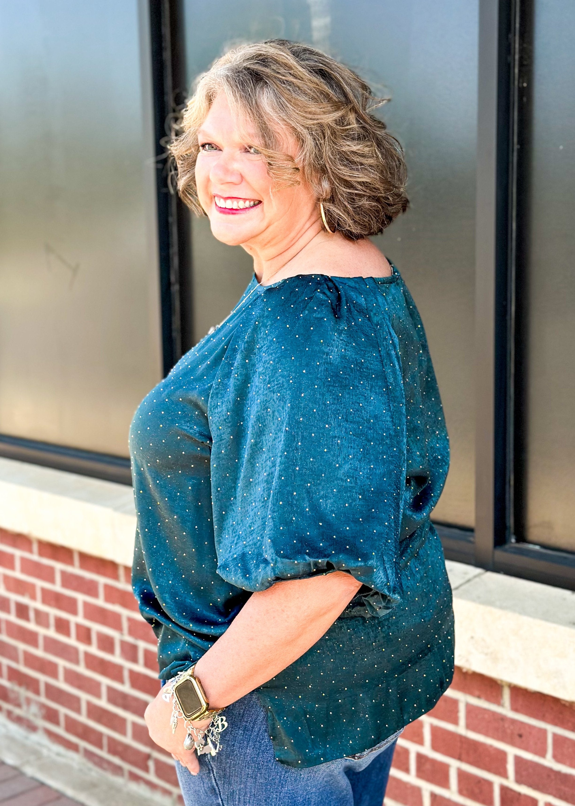 teal shimmer studded short bubble sleeve top