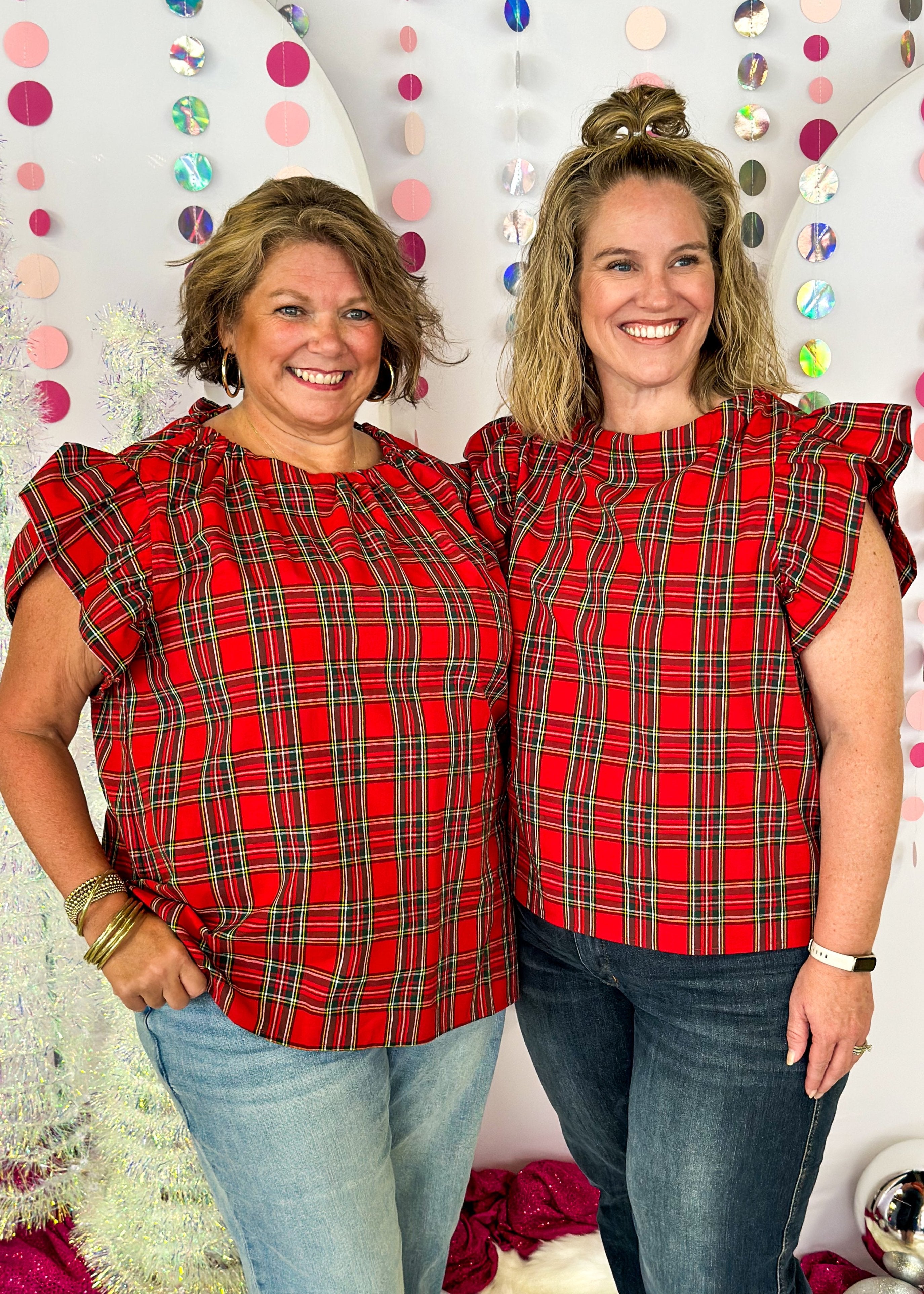 red plaid short ruffle sleeve top with tie/bow neck in the back