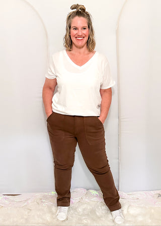 Judy Blue Weekend Jean in mahogany, featuring a high-waisted, slim jogger-style fit with knee darts