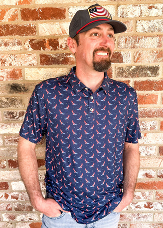 Patriotic eagle patterned men's short sleeve performance polo.
