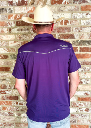 men's western style polo shirt with pearl snap buttons around collar and on front left pocket - white embroidered stitching along front top and back