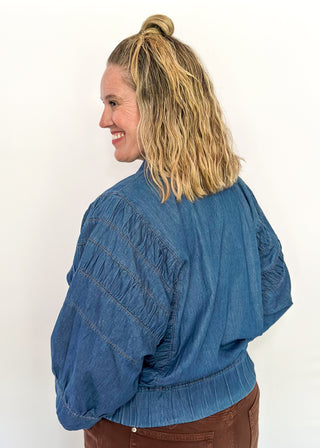 Denim Collared zip up jacket with ruched detail