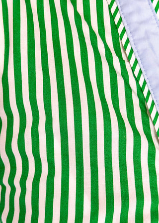 Striped button-down top with V-neckline, short puff sleeves, and contrast trim detailing