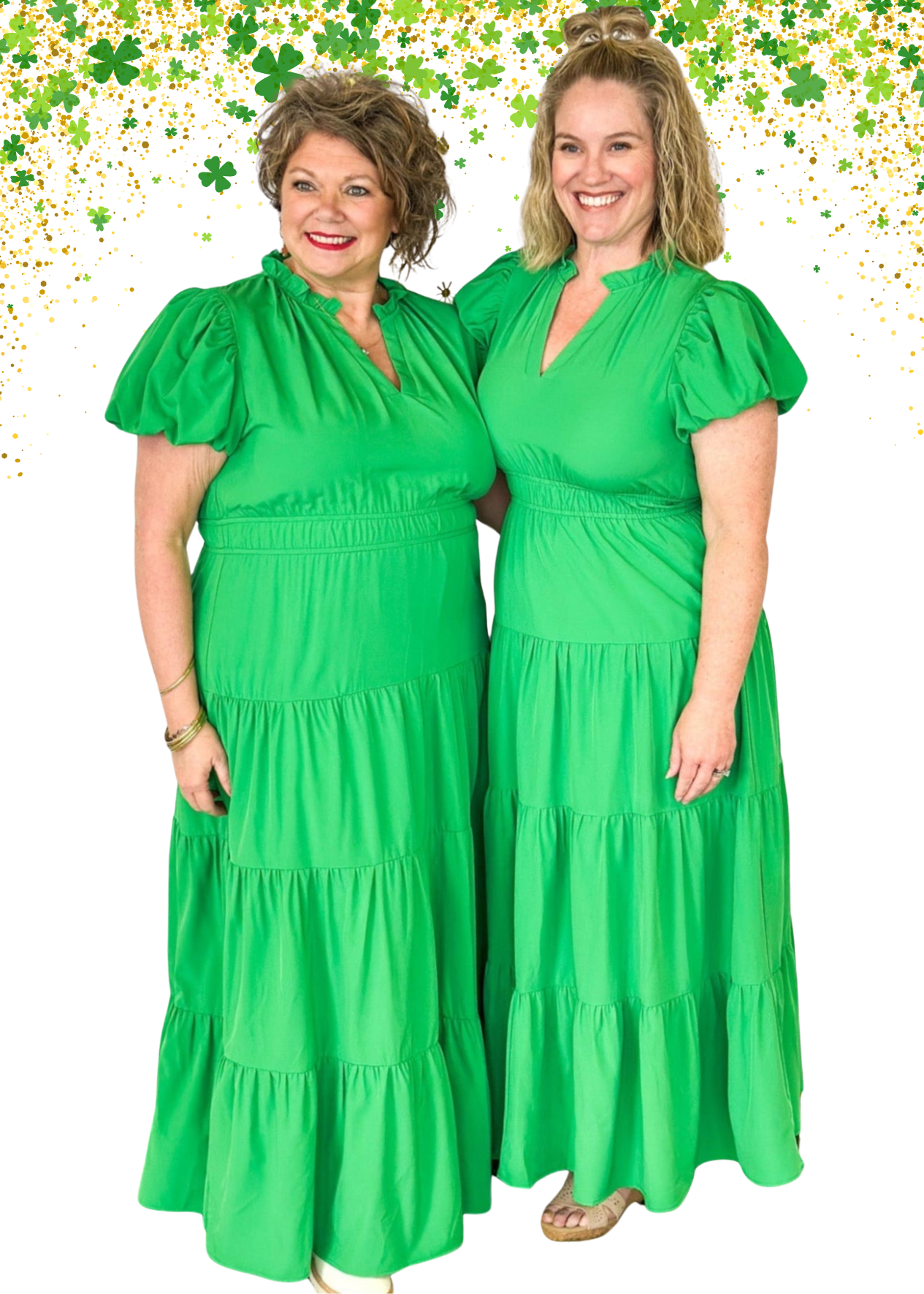 Solid green tiered maxi dress with puff sleeve. and cinched waist.  V-neck with small ruffle collar. Lined.