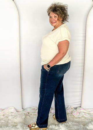 Dark wash wide leg Judy Blue Jeans with double button.