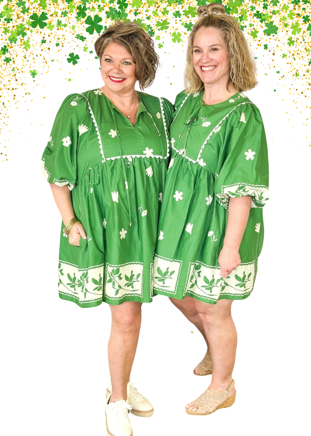 green base with off white flower pattern lined 3/4 sleeve babydoll dress  w/tie front and oversized balloon sleeve - scalloped trim detail on the front and pockets.