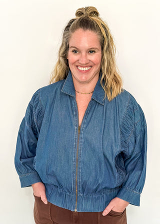 Denim Collared zip up jacket with ruched detail