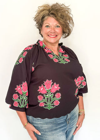 Woman wearing a black blouse with floral embroidery against a white background