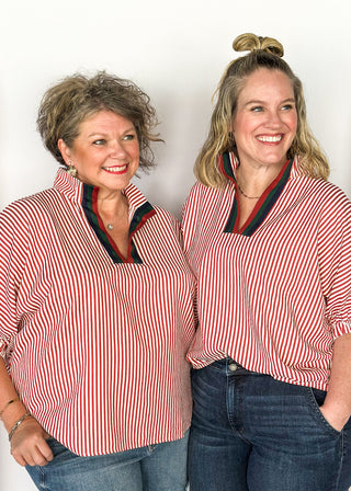 Short sleeve vertical brick red stripes with V-neck ribbon collar.