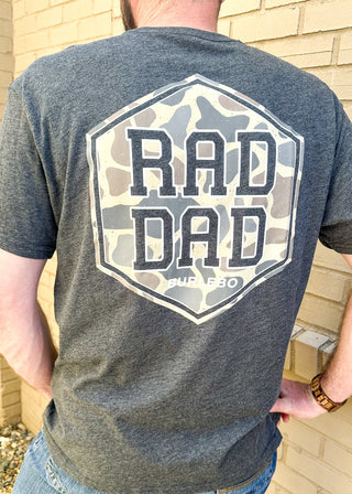 charcoal gray tee shirt for men with RAD DAD and Burlebo on the back graphic with camo - front pocket