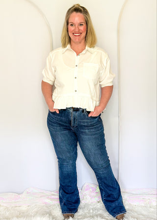 dark denim bootcut jeans with high rise and smoothing fit