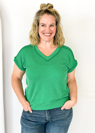 Ribbed V Neck top in Kelly Green 