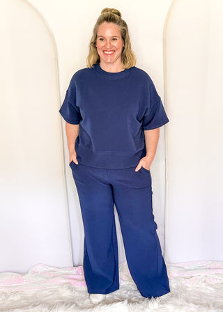 Two piece ribbed outfit in Navy featuring boxy top and wide leg pants