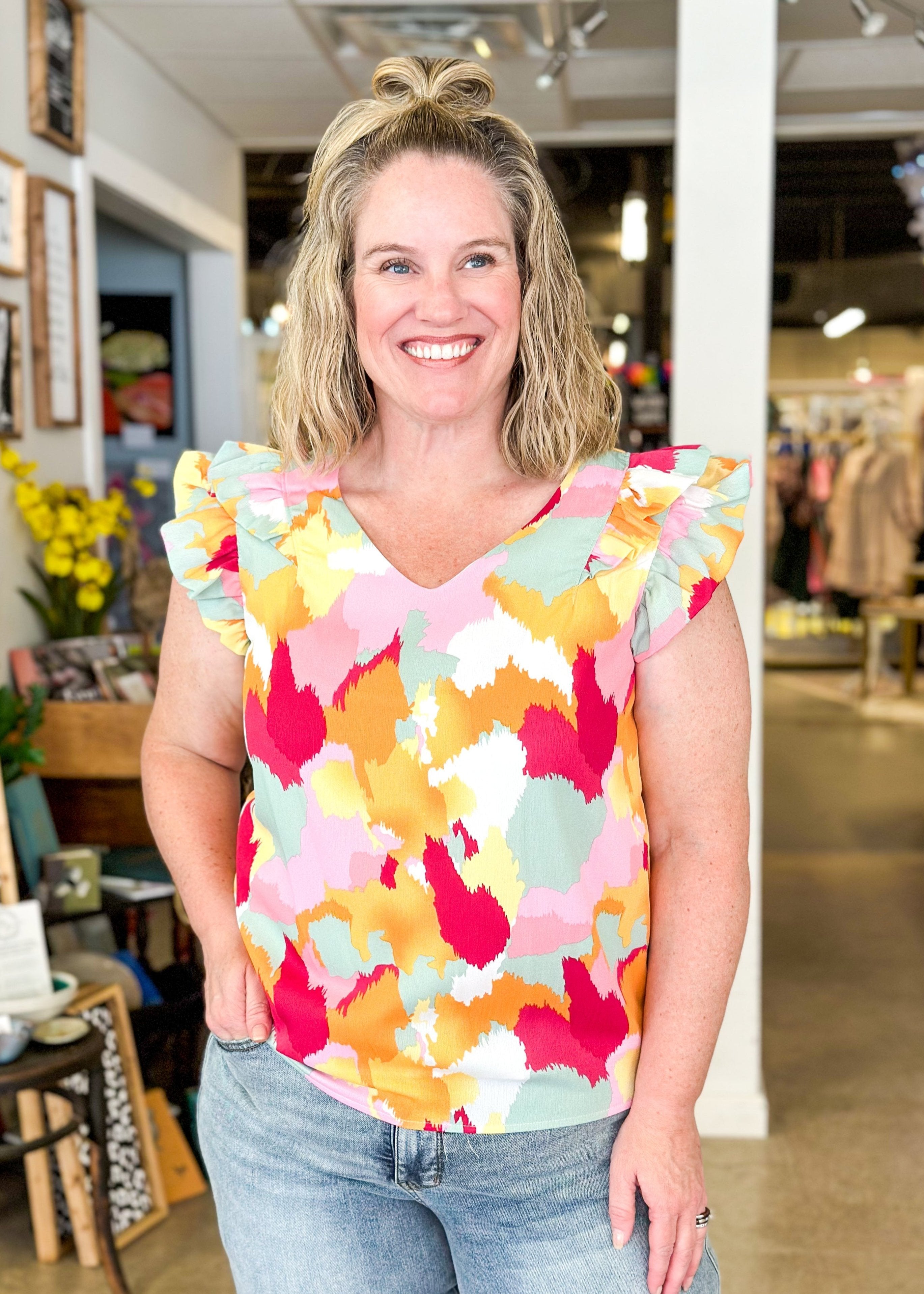 double ruffle short sleeve v-neck top - color splash in light pink, fuschia, mint green, orange and white