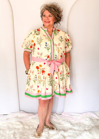 Button up floral dress with contrast trim and belt, short sleeves