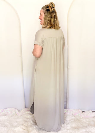 Casual ultra soft maxi dress with relaxed silhouette and pockets.