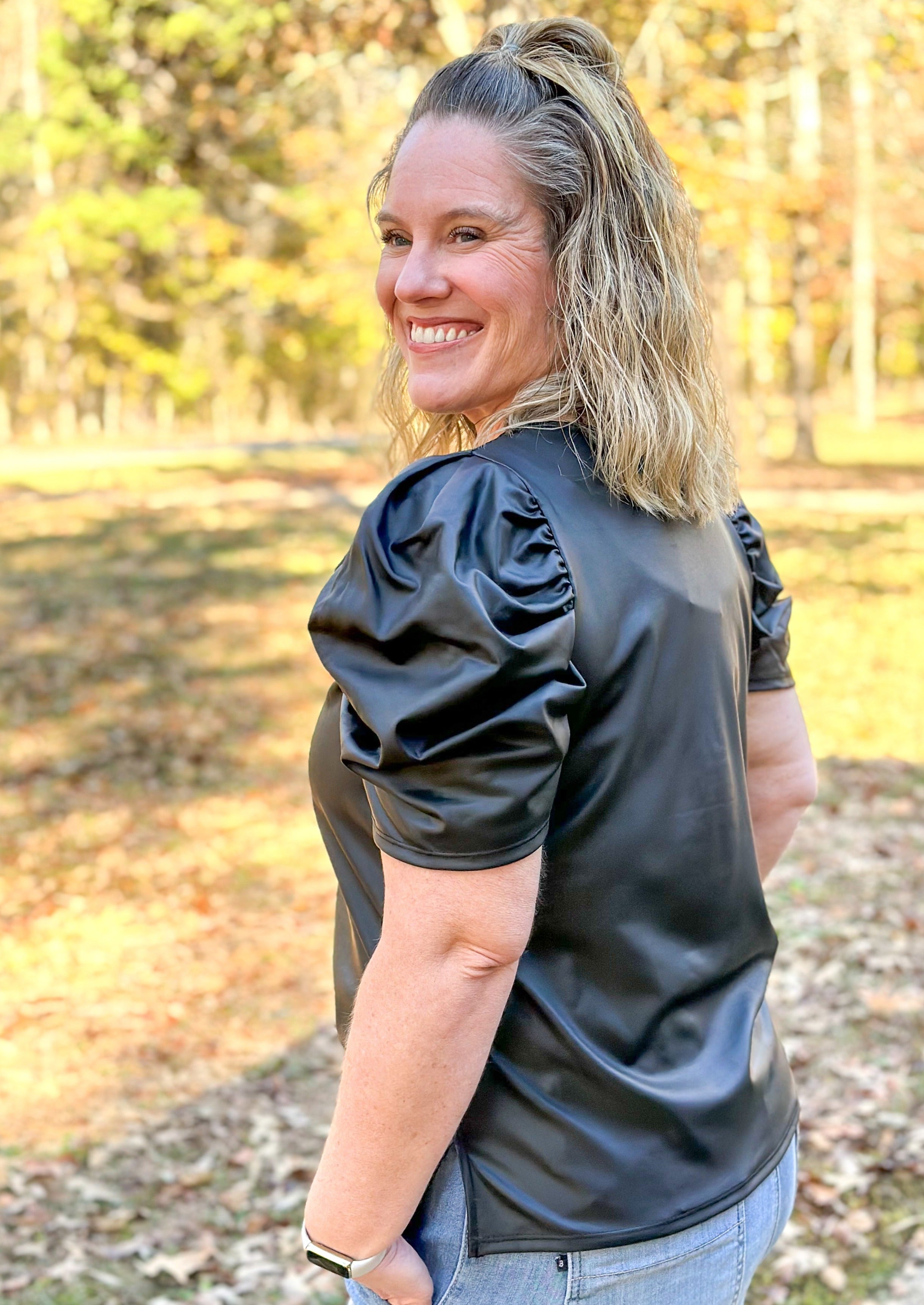 Faux Leather Puff Sleeve Top - Black