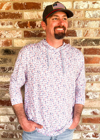 men's performance hoodie with patriotic print.