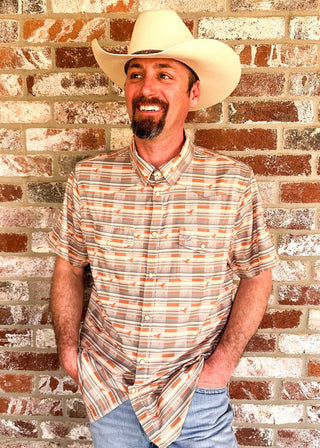 Men's short sleeve performance button-up shirt with southwestern stripe pattern