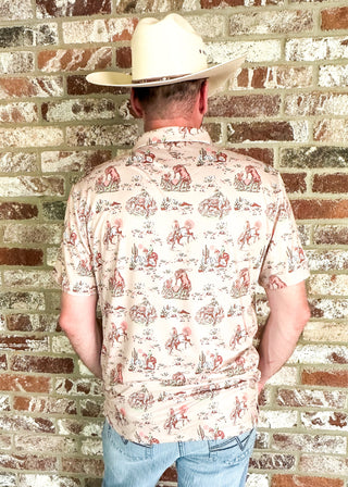 men's polo shirt with cowboy printed pictures all over it