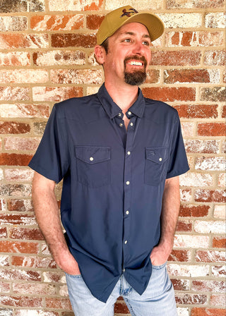 Navy blue button up polo shirt with short sleeves.