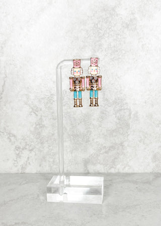Nutcracker post back earrings - pink and blue and gold