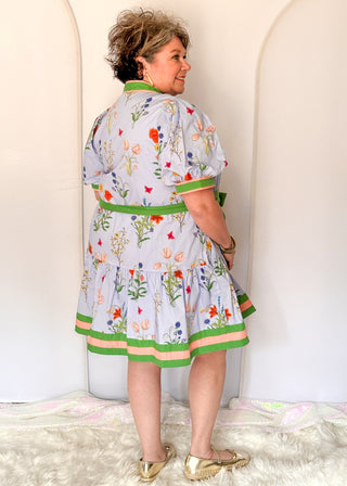 Button up floral dress with contrast trim and belt, short sleeves