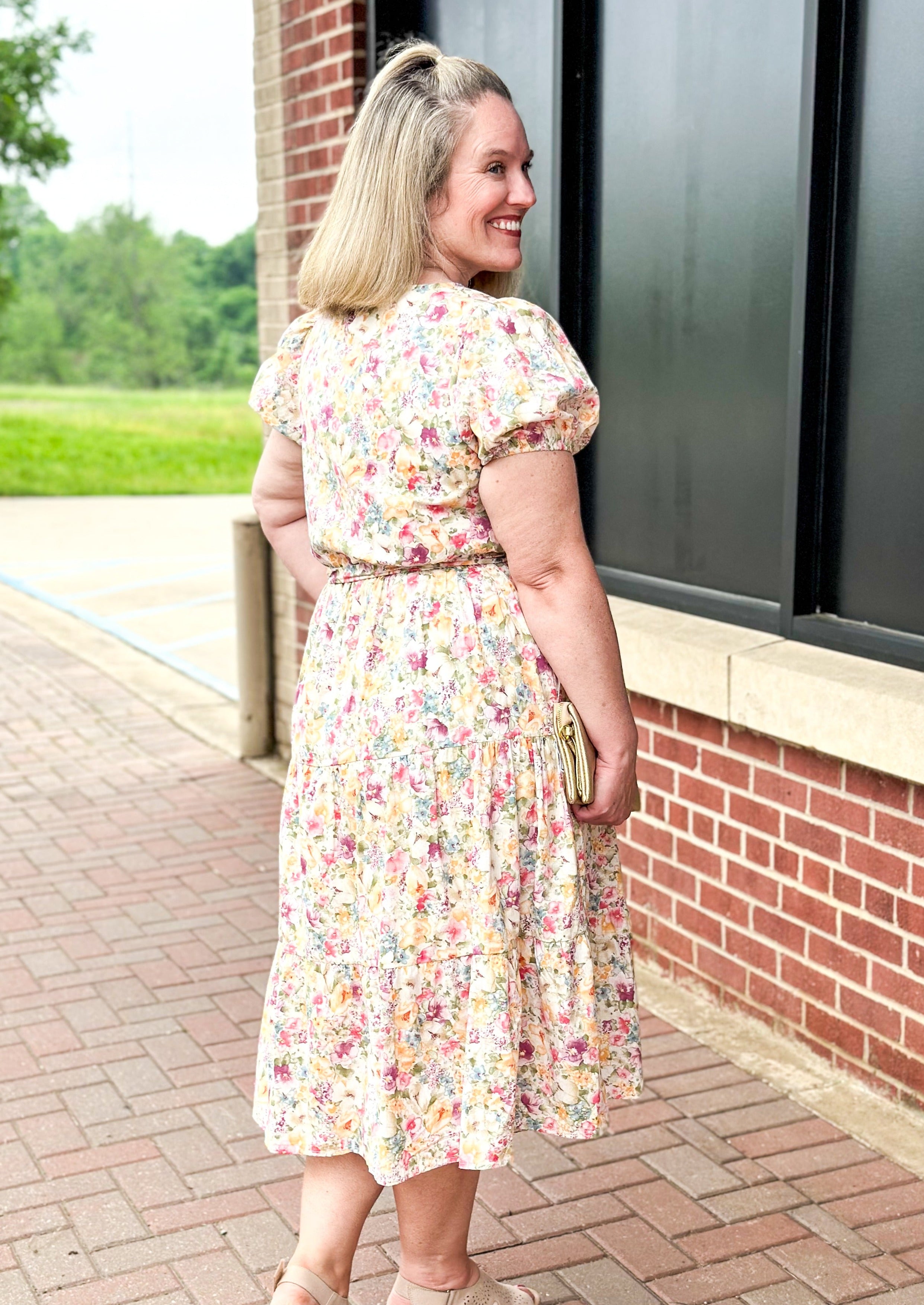 Belted floral midi dress - puff sleeve - v neck - lined from the waist down