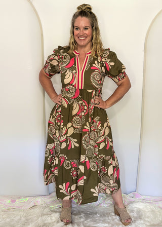 floral midi short sleeve dress with v-neck, olive background, pockets, pink and cream abstract floral print