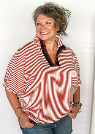 Short sleeve vertical brick red stripes with V-neck ribbon collar.