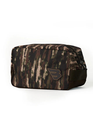 Camouflage toiletry bag with a logo on a white background