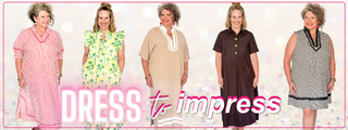 Five women wearing dresses with the text 'Dress to Impress' on a white background.