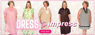 Promotional banner for women's dresses with text 'Dress to impress' and 'Shop Now' button.