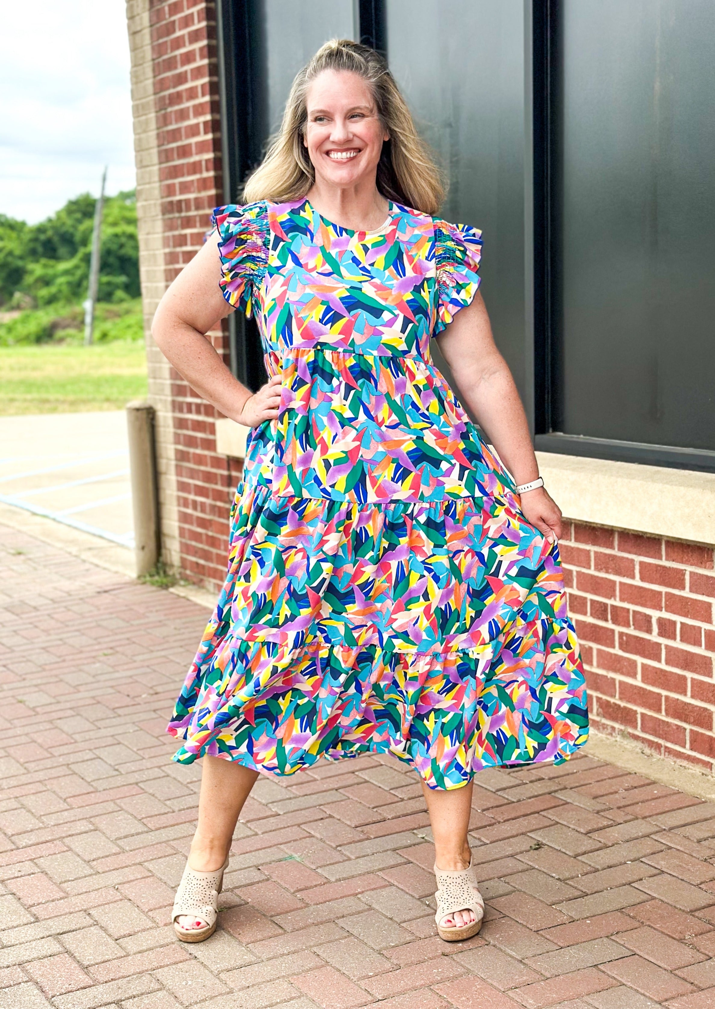 bright patterned tiered maxi dress with pockets and ruffle sleeve - keyhole with button back 