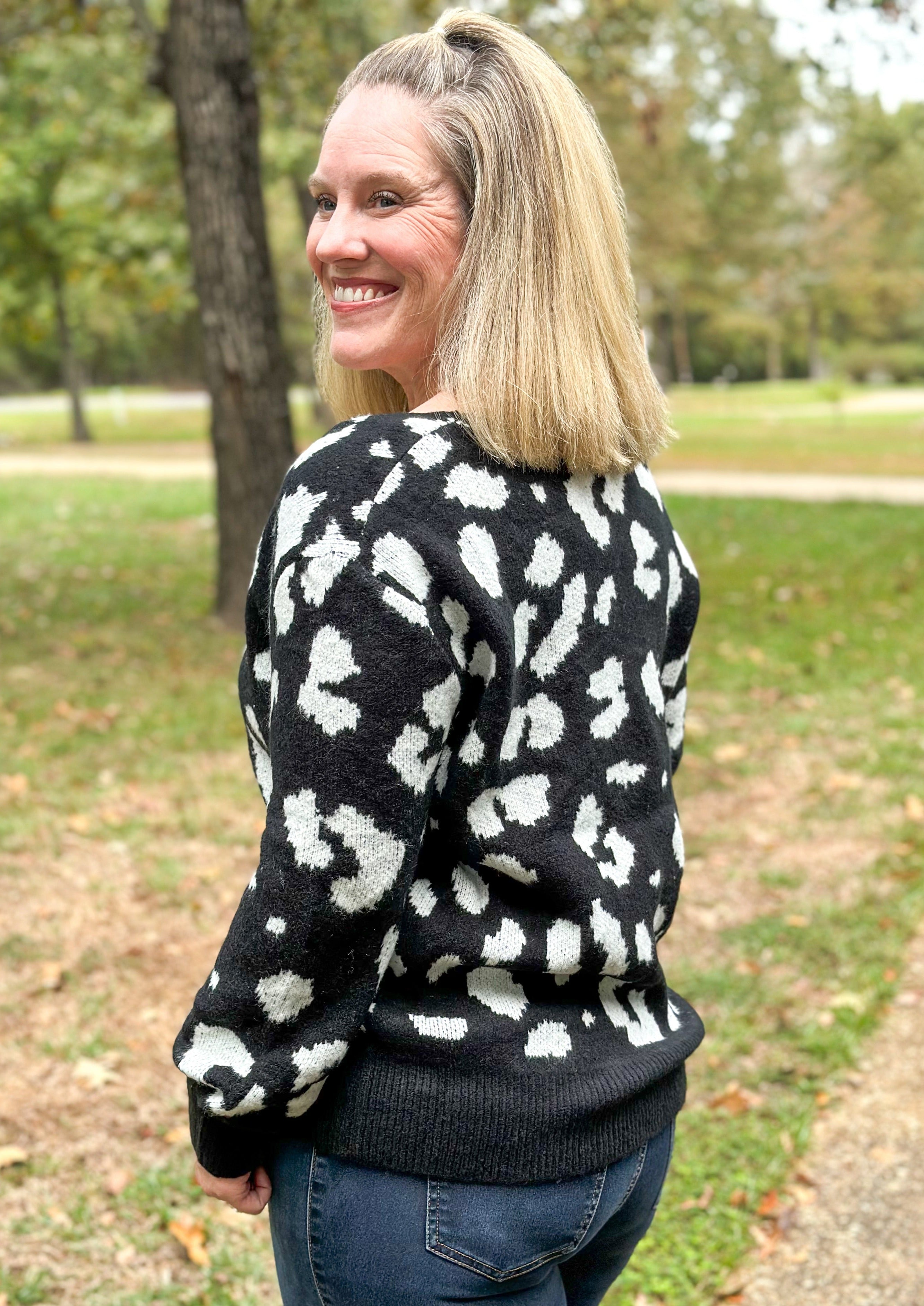 Black and White Leopard V-Neck Sweater
