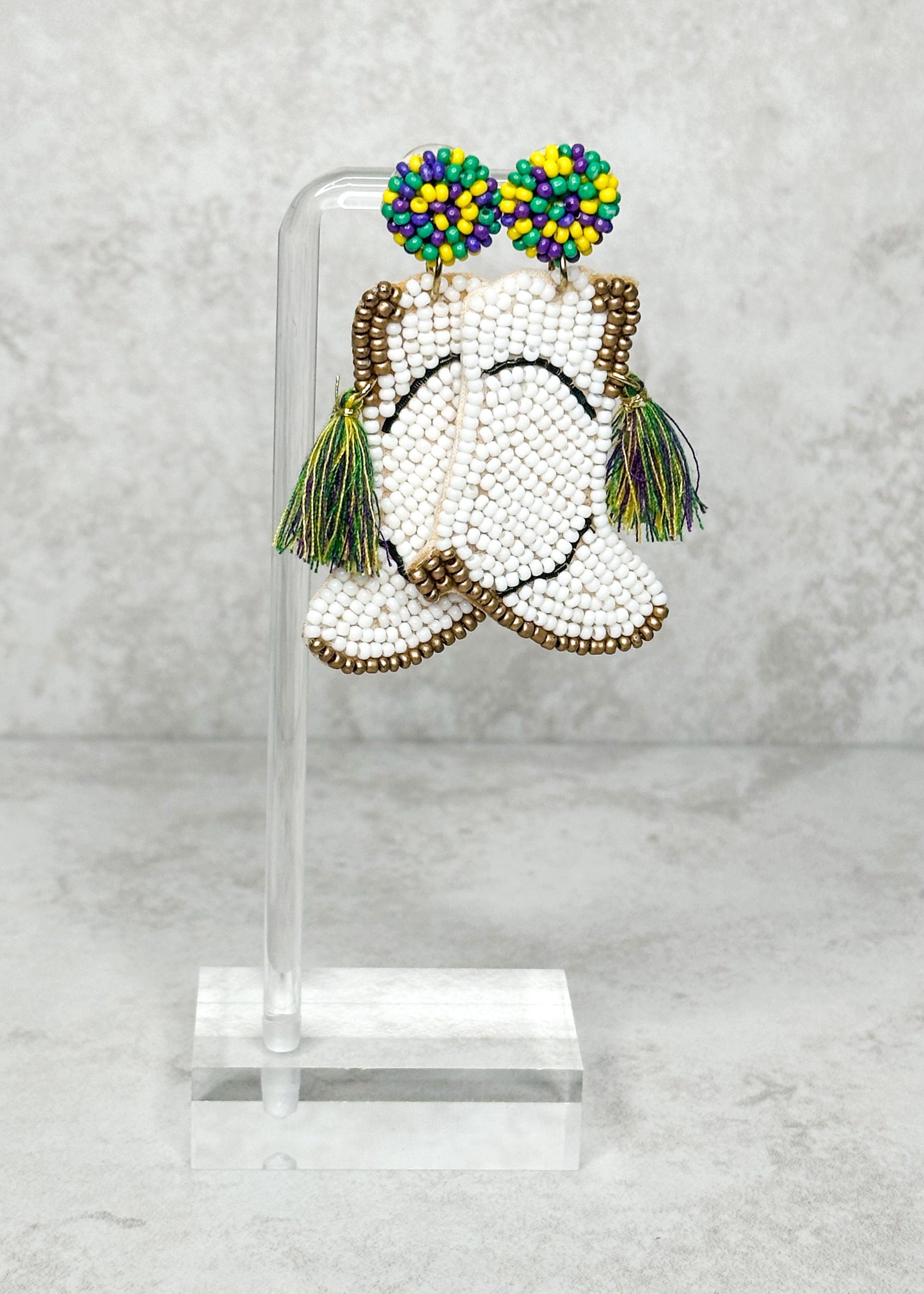 Mardi Gras seed bead marching boots post back earrings.