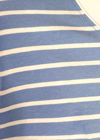 close up of wide striped top with cuffed sleeves, and white banded rounded neckline.