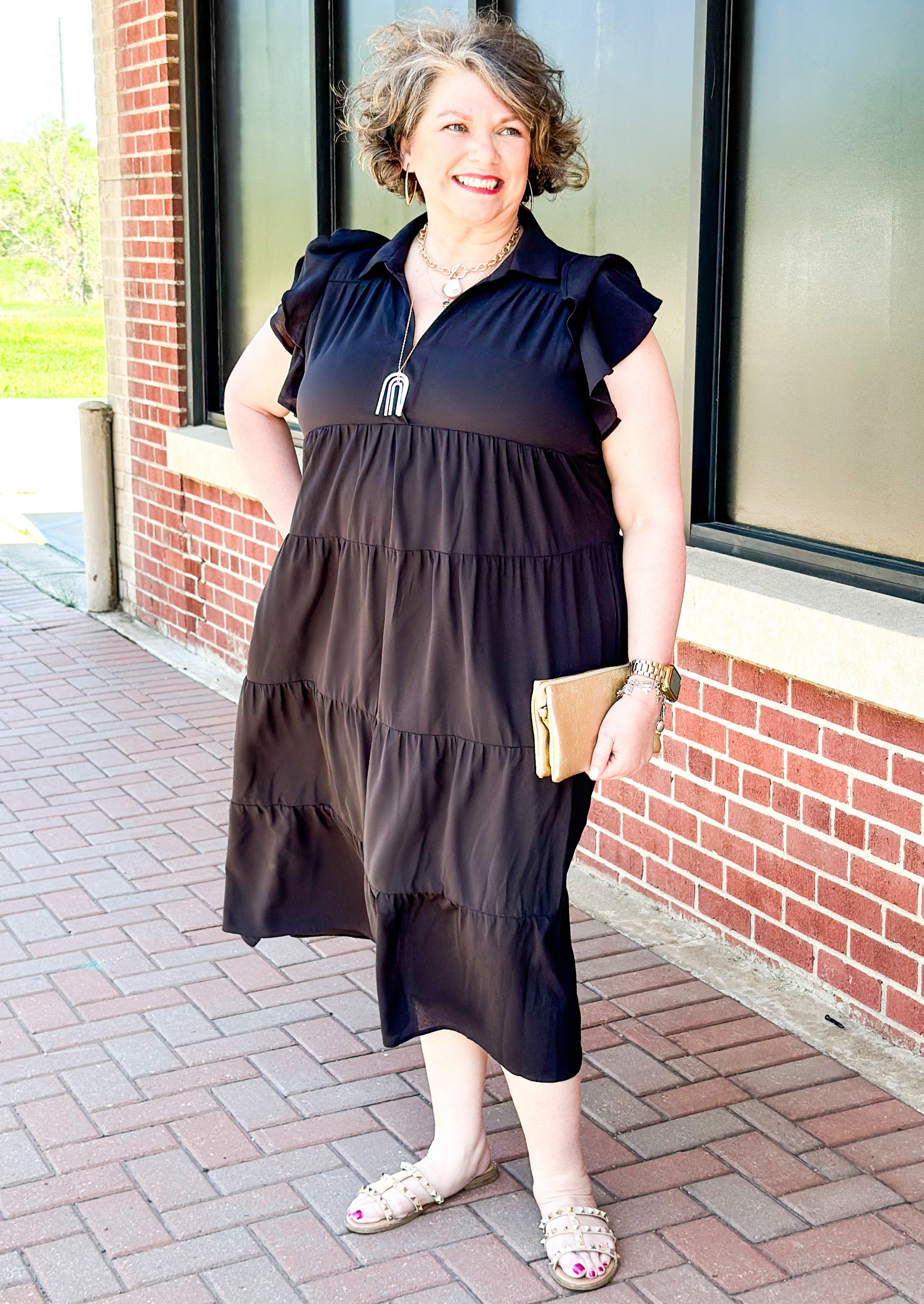 black tiered midi dress with double ruffle sleeve - collar and v-neck