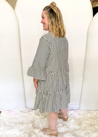 3/4 sleeve striped dress with ruffle cuffs and tiered skirt