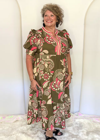 floral midi short sleeve dress with v-neck, olive background, pockets, pink and cream abstract floral print