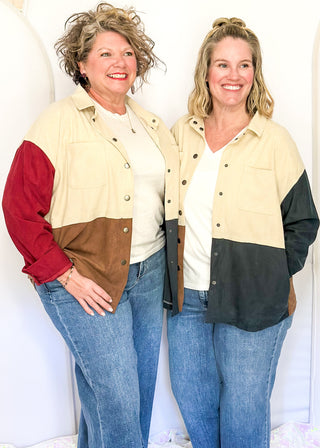 Colorblock corduroy shacket with front and side pockets. featuring cream, camel, forest green, and dark red panels, long sleeves, and snap-front closure