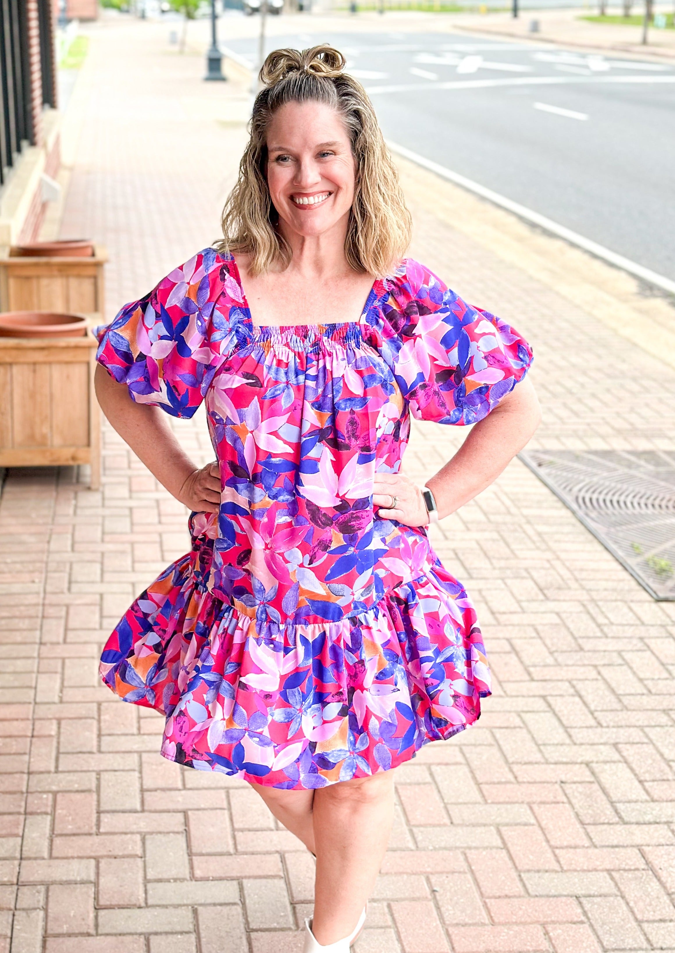 Printed Ruffle Bottom Dress - puff sleeve, square neckline, linked, pockets, pinks, blues, purples and black
