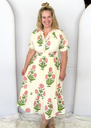 cream maxi dress with pink hydrangeas - short sleeve with ruffle and elastic - smocked waist - bottom ruffle 